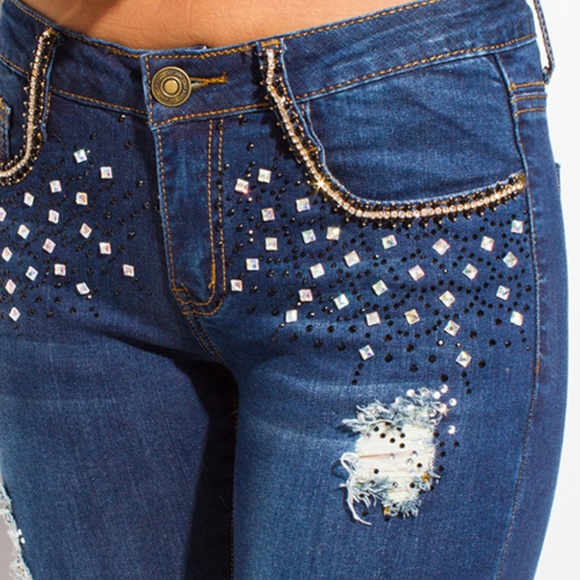 Rhinestone and Stud Embellished Mid Rise Jeans - Picture 6 of 6